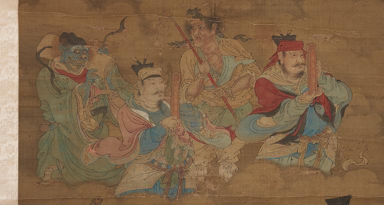 A fine daoist painting of gods holding written spells,  attendants and horsemen, Ming dynasty, 17th century.
