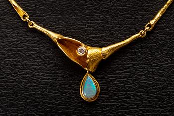 NECKLACE 18K gold 1brilliant-cut diamond approx 0,08 ct and 1 opal (probably doublet).