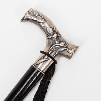 PROMENADKÄPP, trä, silverkrycka, art nouveau, Sverige 1900-talets början.