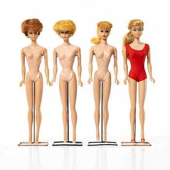 Barbie dolls, 4 pcs, along with clothes and accessories, Mattel, 1960s.