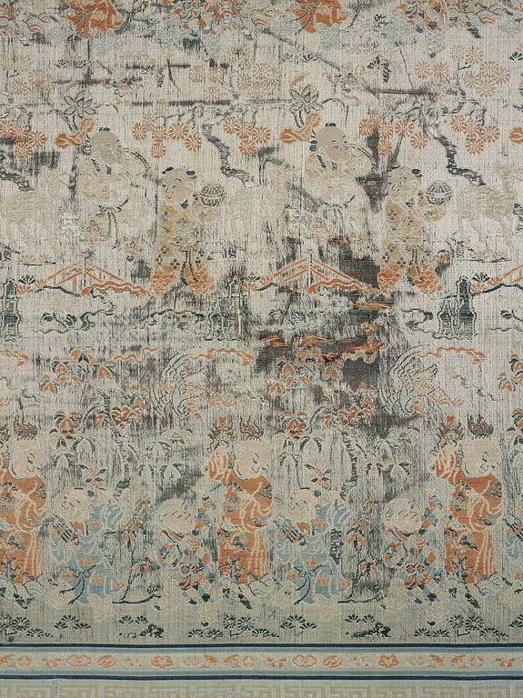 A celadon ground silk brocade panel, Qing dynasty, presumably 18th century.