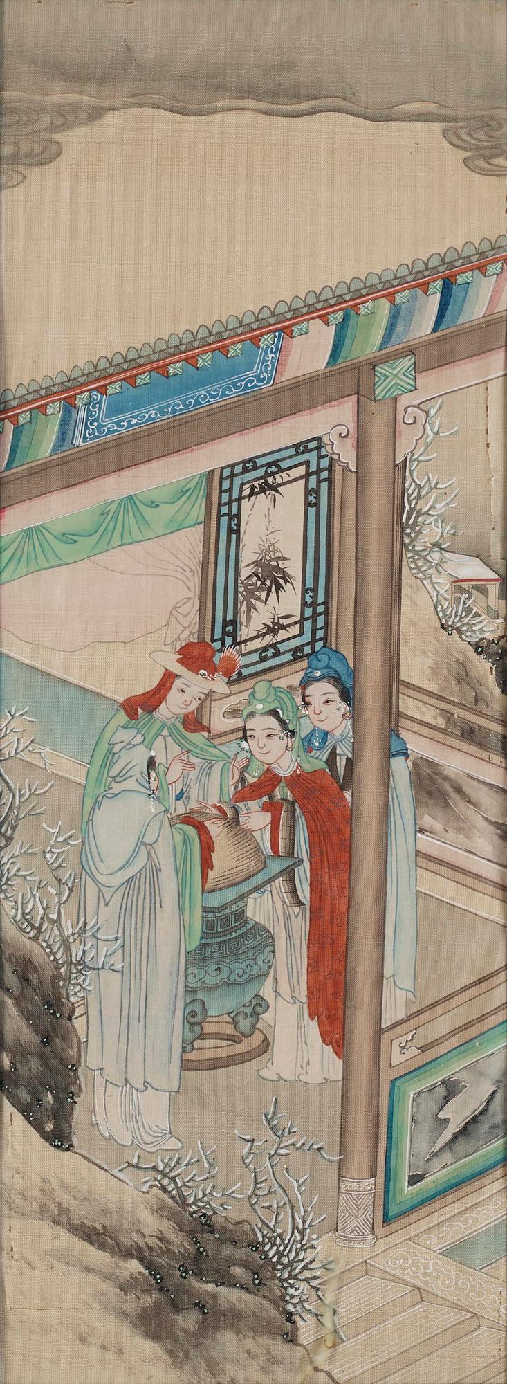 A group of seven Chinese paintings on silk by anonymous artist, Qing dynasty, 19th century.