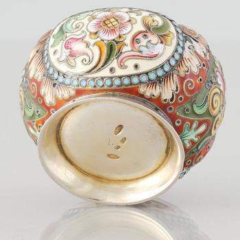 A Russian early 20th Century silver-gilt and enamel salt cellar. Assayer's mark Ivan Lebedkin.