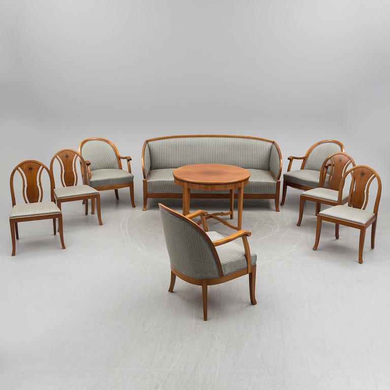 SOFA, TABLE AND FIVE CHAIRS, mid 20th century.