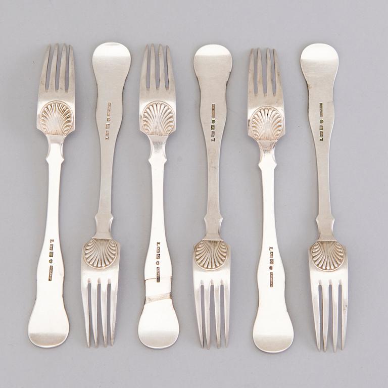 FREDRIK TIANDER, A set of six silver forks with shell decorations, Lovisa, Finland 1855.