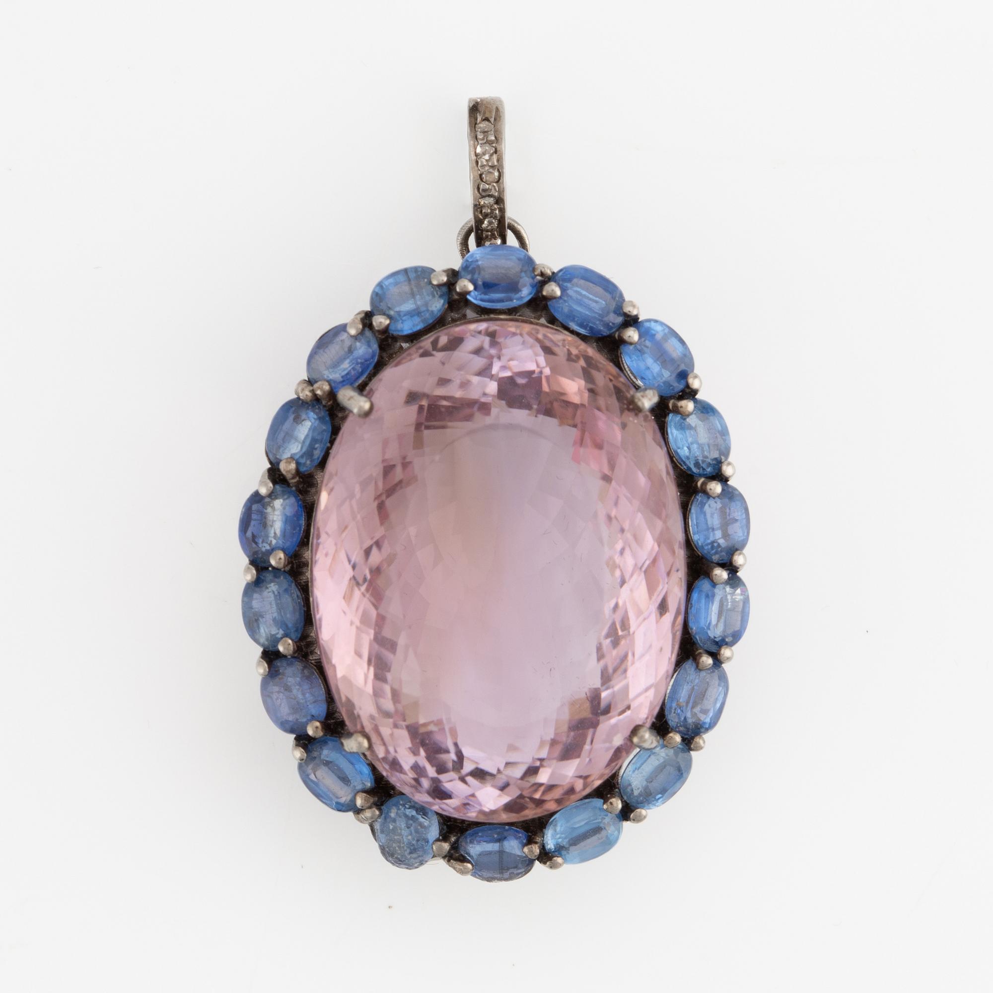 Pendant, silver with large amethyst and kyanites.