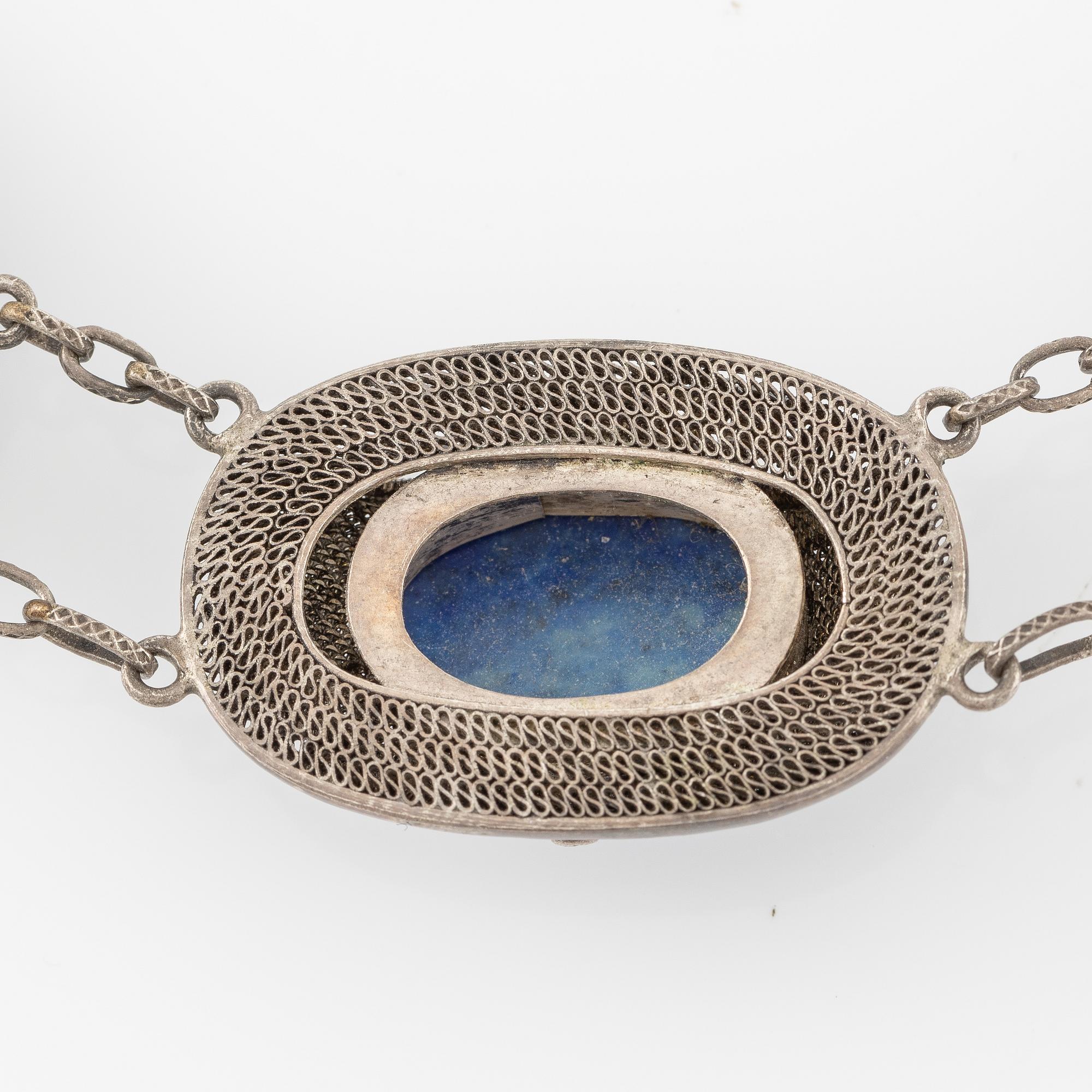 Necklace and earrings, silver with lapis lazuli.