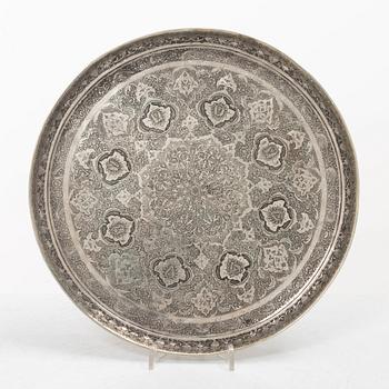 A Persian silver tray, 12 small spoons and six coasters, first part of the 1900s.