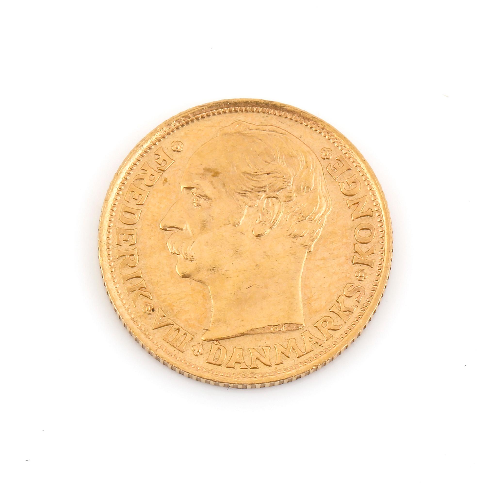 GULDMYNT, 10 kroner, Fredrik VIII, Danmark 1908. Vikt ca 4 gram.