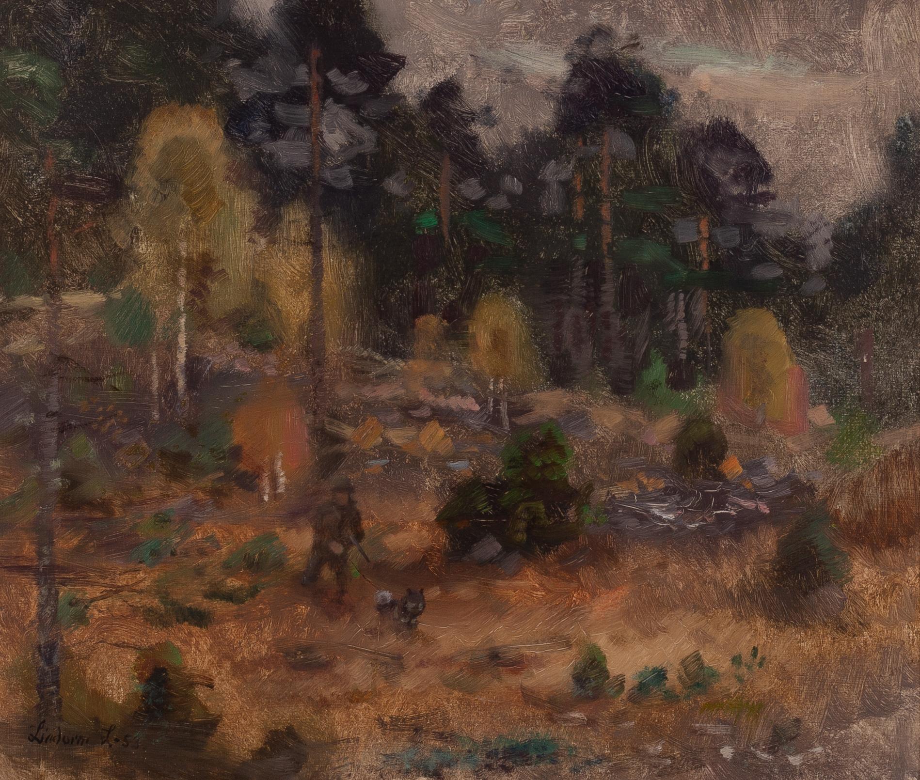 Lindorm Liljefors,Höstlandskap med jägare och hund.