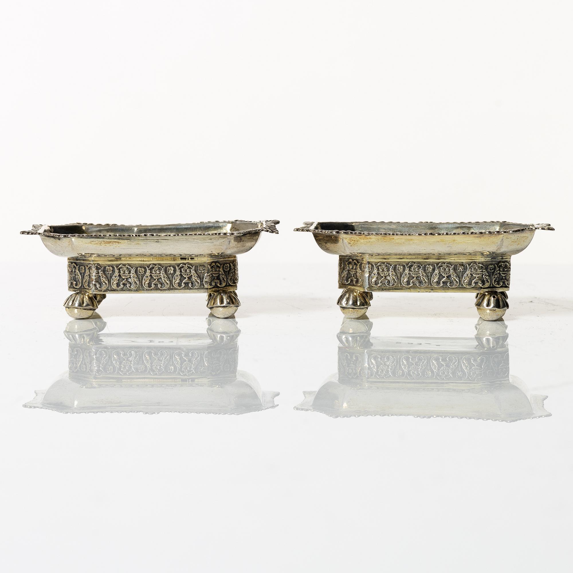 A pair of empire silver salt cellars, 1837.