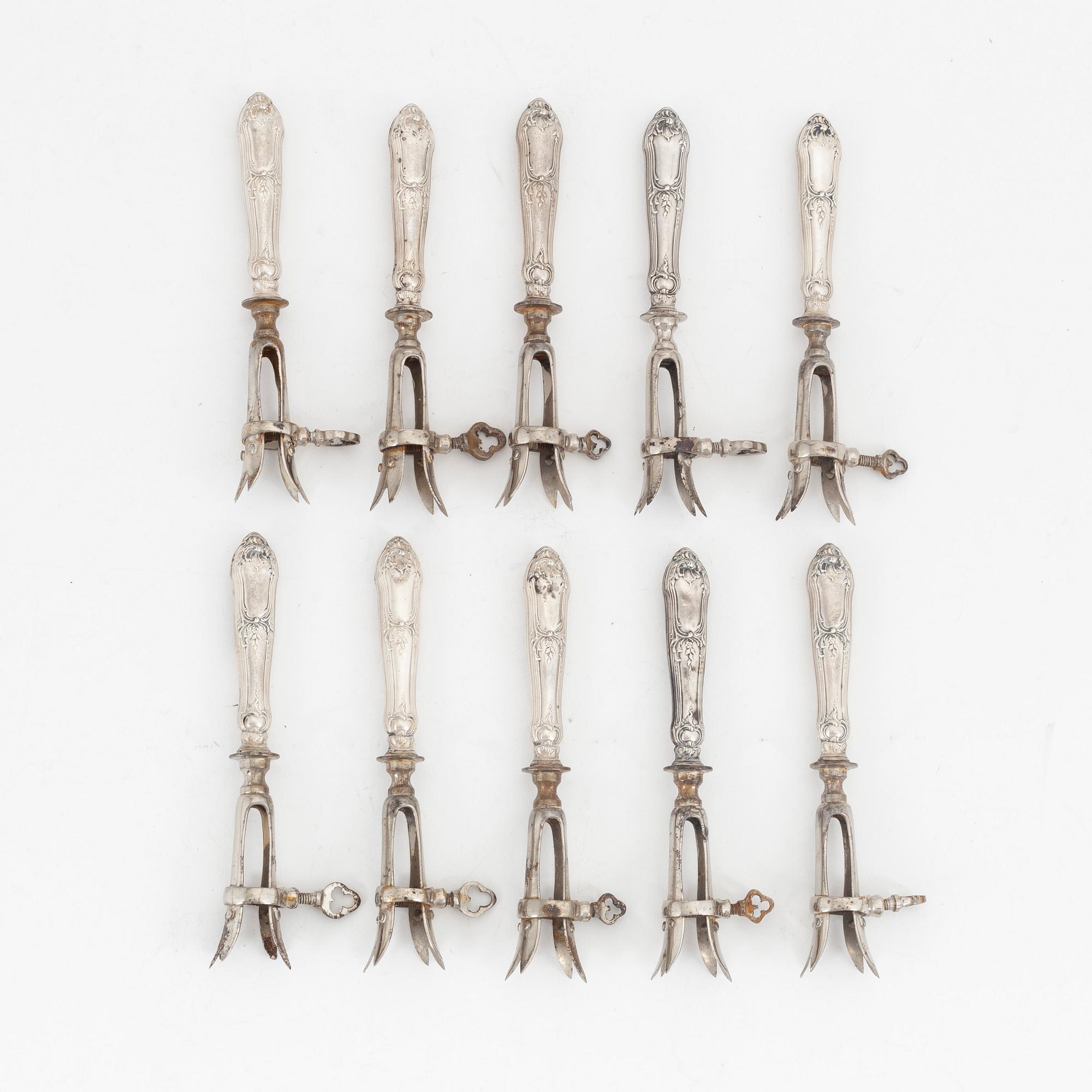Kotletthållare, 10 st, silver, Frankrike, bl a Jules Langlois & Emile Leroux 1903-1912.