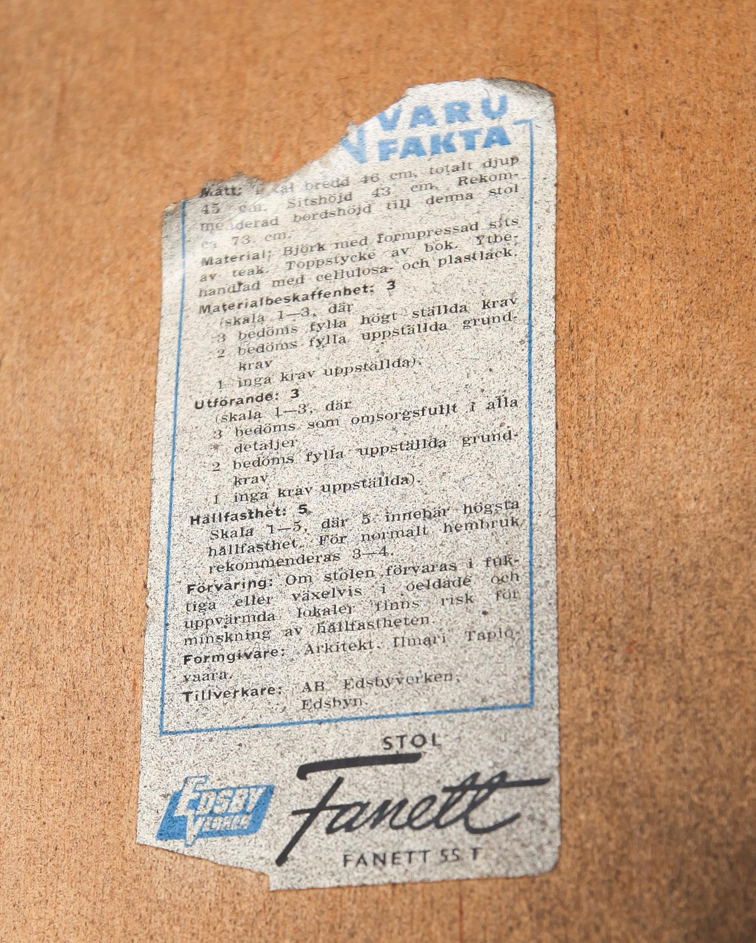 STOLAR, 4 st, "Fanett", Ilmari Tapiovaara, Edsbyverken, 1900-talets andra hälft.