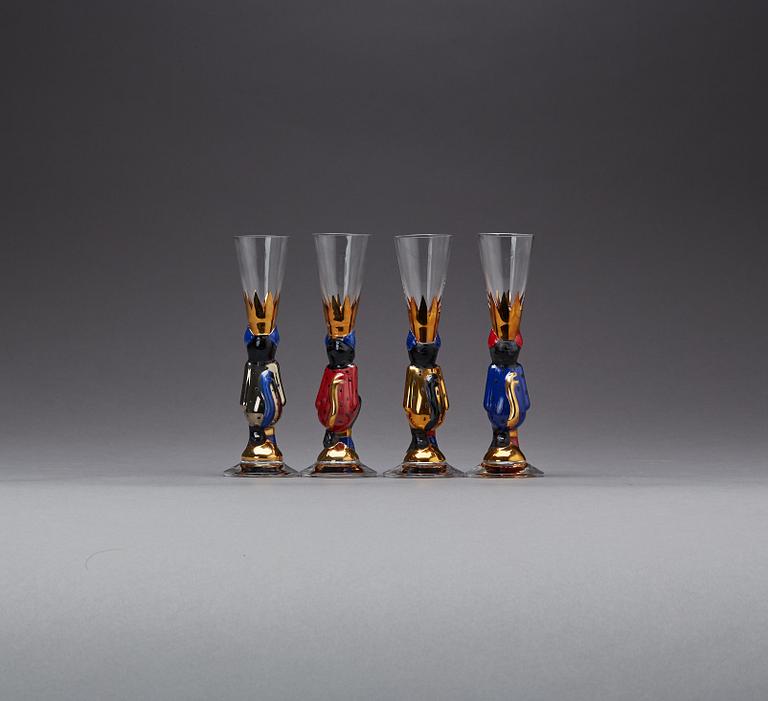 SNAPSGLAS, 4 st, "Nobelservisen", Gunnar Cyrén, Orrefors, sent 1900-tal.