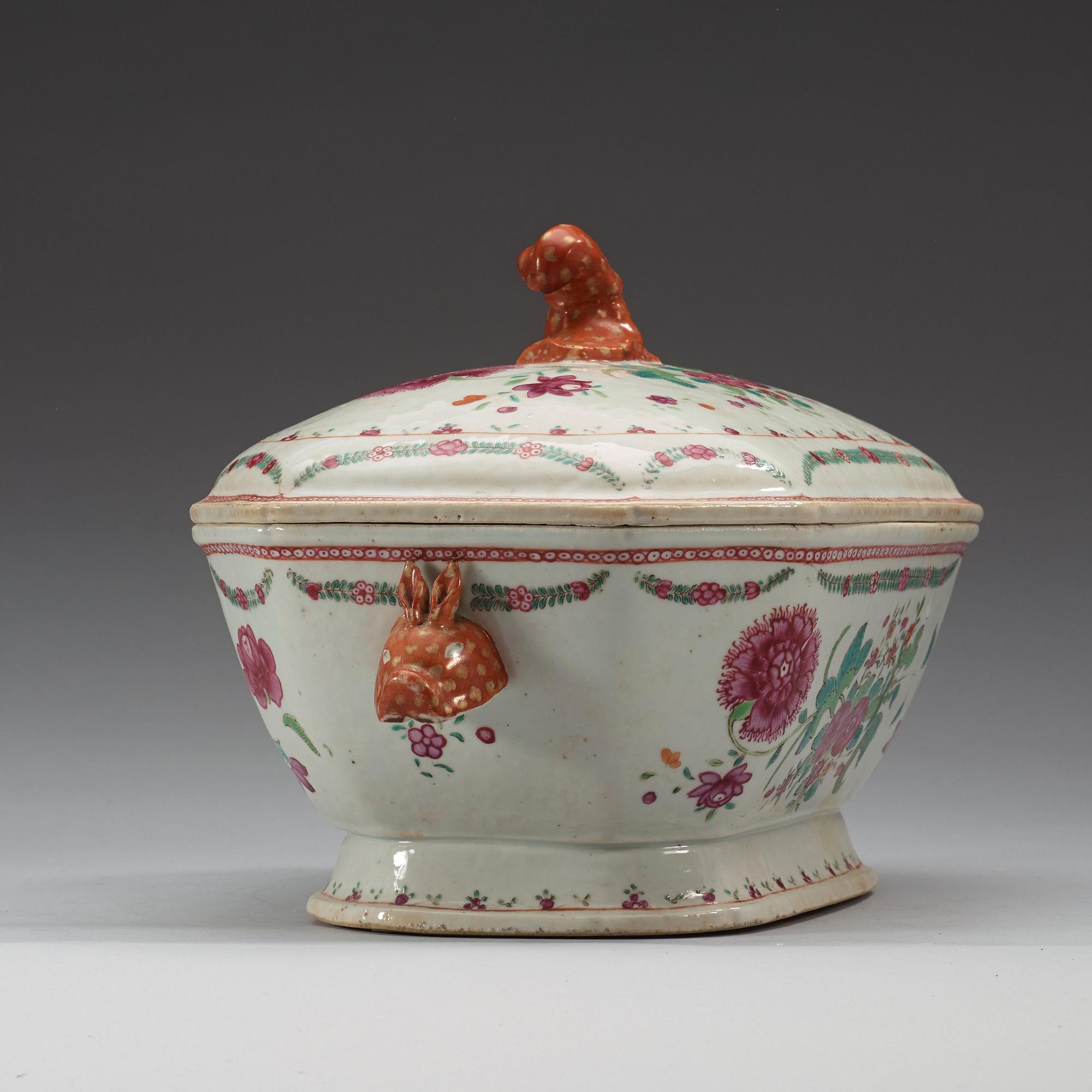 A famille rose tureen with cover and stand. Qing dynasty, Qianlong (1736-95).