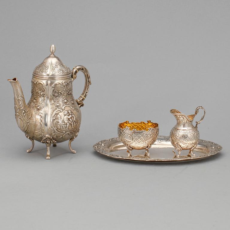 KAFFESERVIS, 4 delar, silver, rokokostil, bla Tyskland, svenska importstämplar. Tot ca 570 gram.