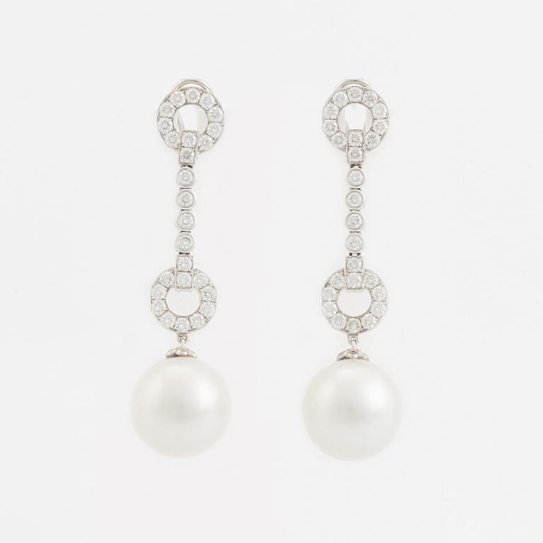 South sea pearl and brilliant cut diamond earrings.