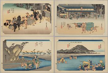 Ando Utagawa Hiroshige, efter, fyra träsnitt ur serien "The Fifty-Three Stations of the Tōkaidō", 1900-tal.