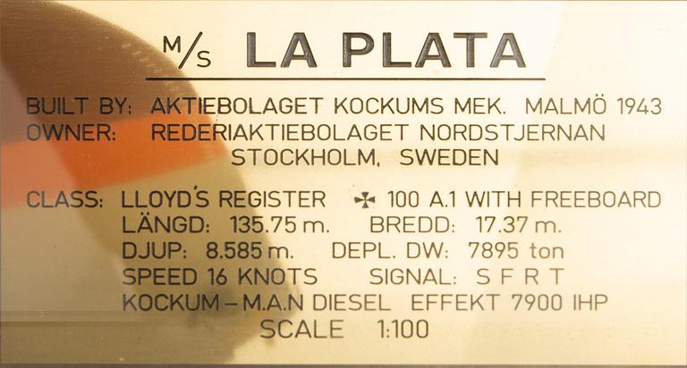 A ship model, M/S La Plata, launched 1943.