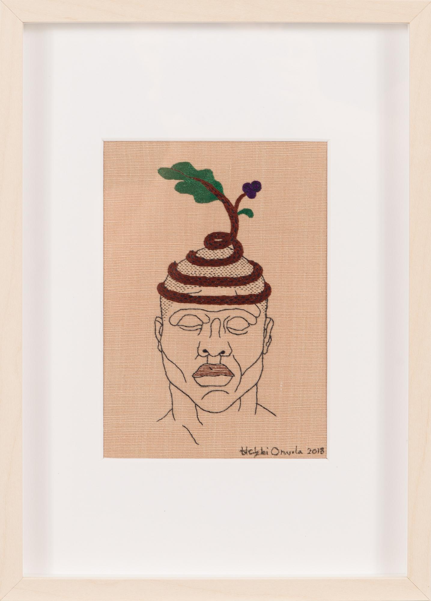 Heikki Orvola, kirjontatyö, "Kenin päähine" -sarja, signeerattu Heikki Orvola 2018.