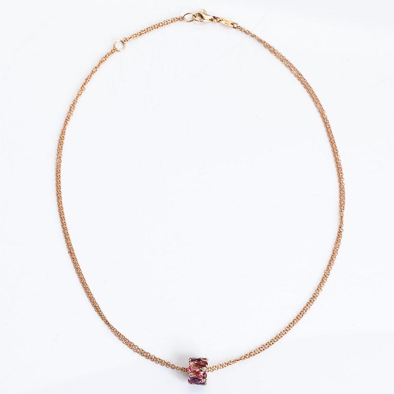 An 18K rosegold necklace, pendant set with diamonds, pink sapphires and amethysts. Oro Trend, Italy.