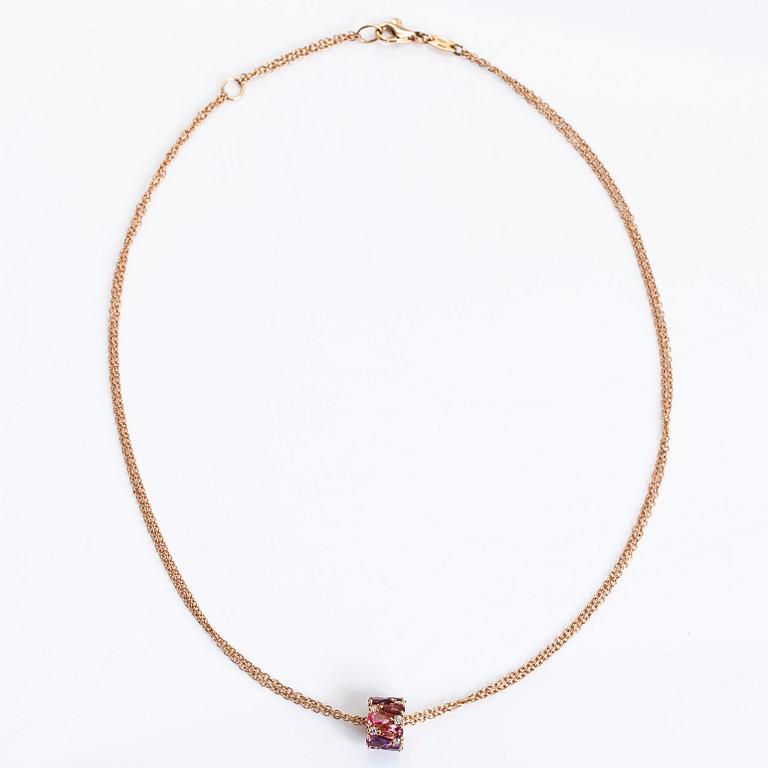 An 18K rosegold necklace, pendant set with diamonds, pink sapphires and amethysts. Oro Trend, Italy.