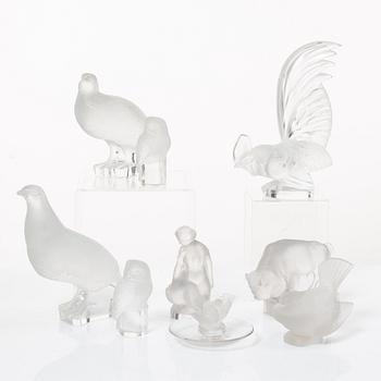 9 glass figurines, Lalique, France.