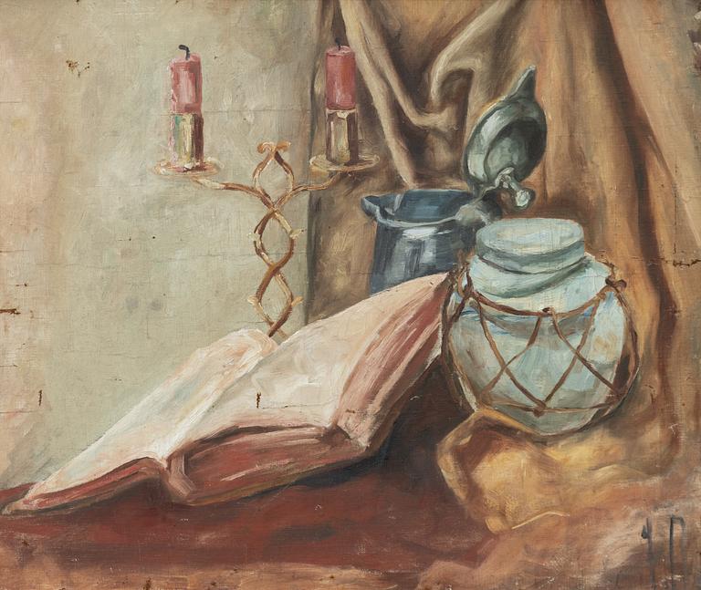 Siri Derkert, Still life with candlestick and pot.