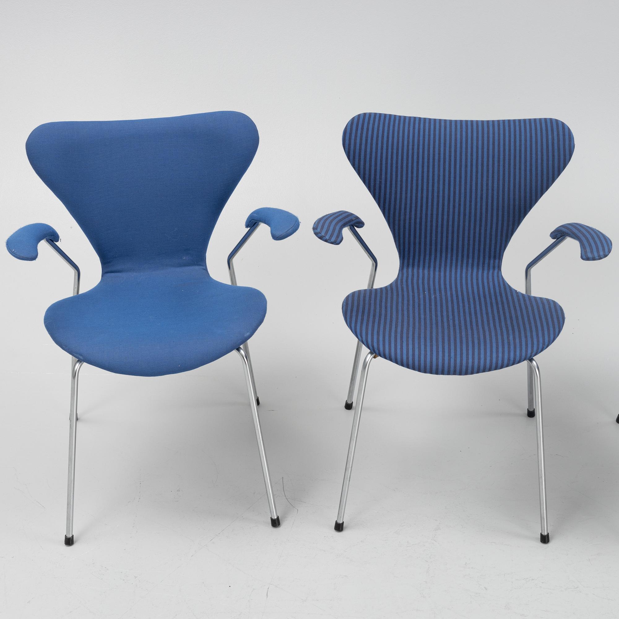 Arne Jacobsen, four 'Seven' armchairs, Fritz Hansen, Denmark.