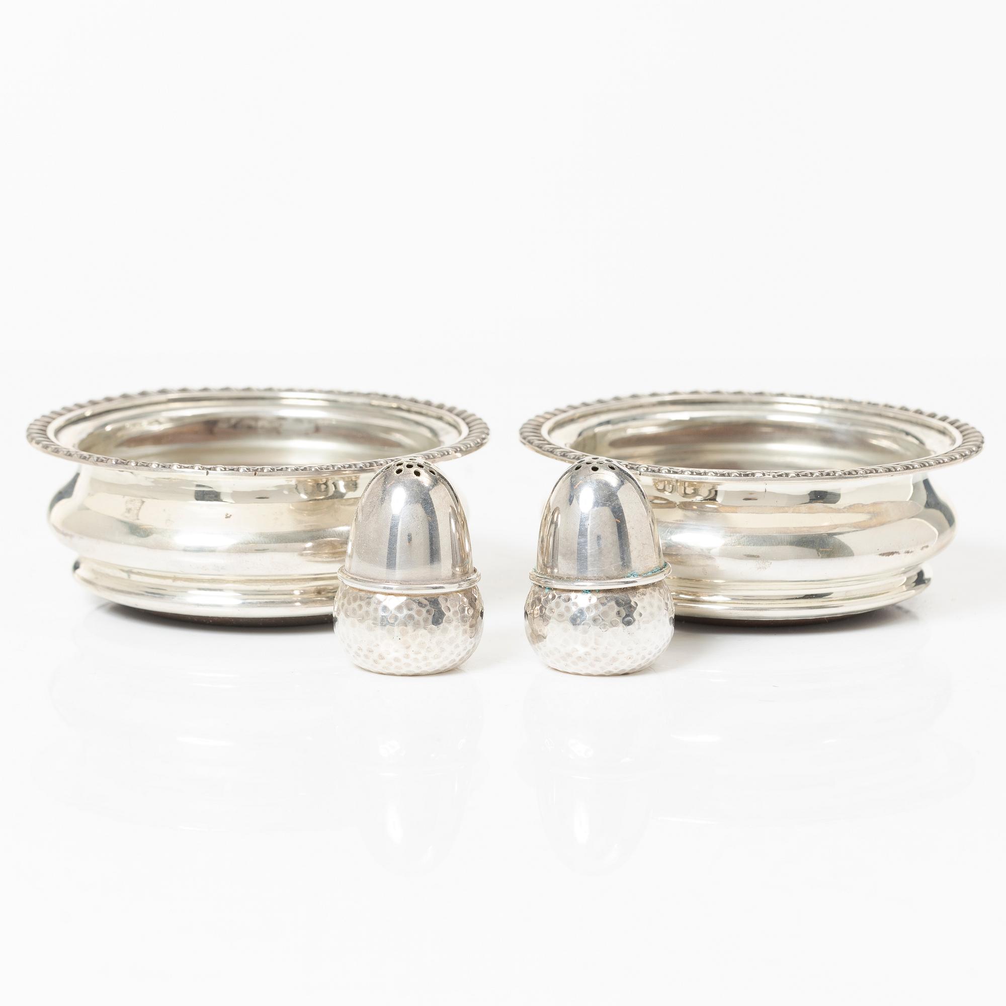Coasters, a pair, silver, Birmingham, England, and shakers, a pair, silver, Norway.