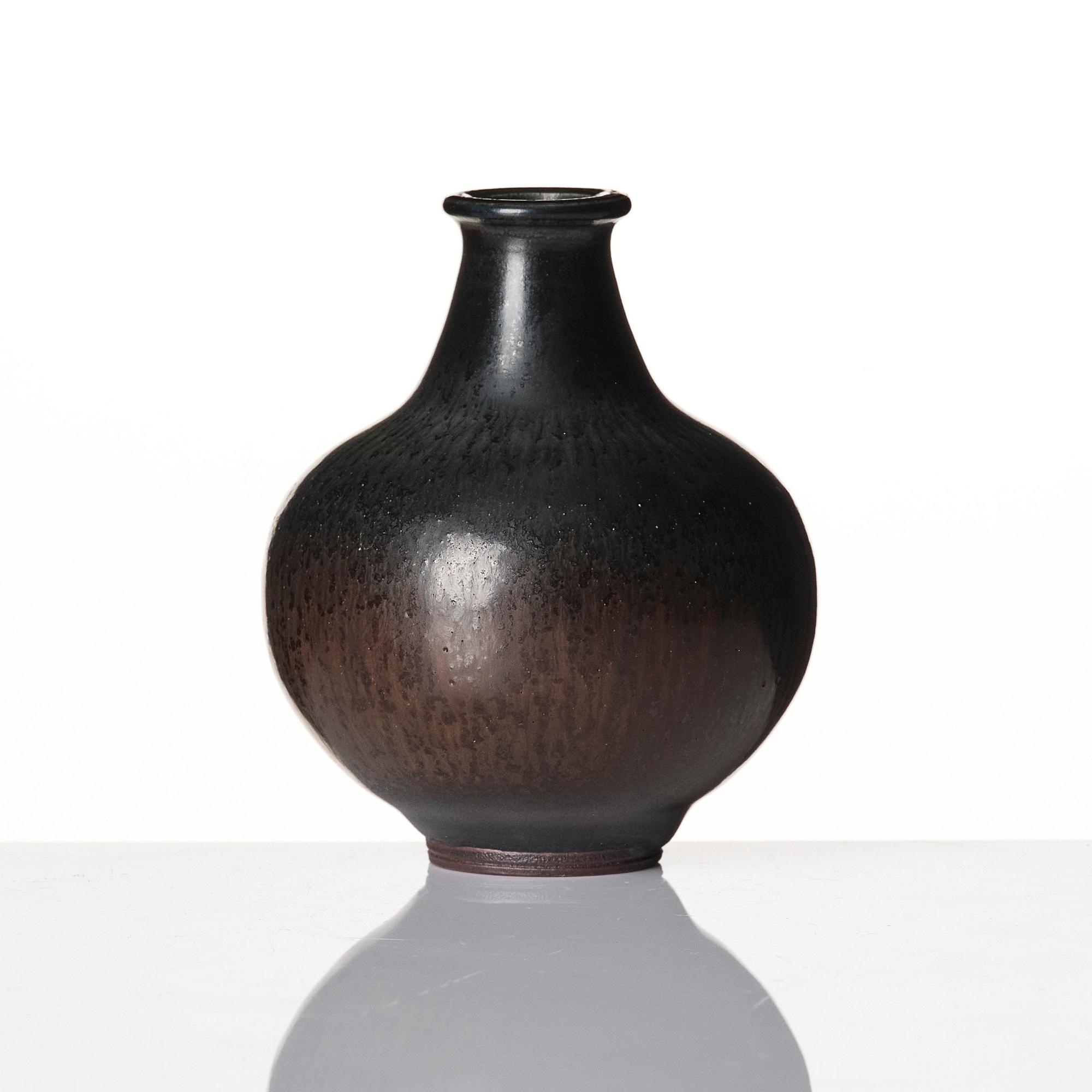 Berndt Friberg, a set of two stoneware vases and a bowl with rabbit's fur glazes, Gustavsberg Studio, Sweden, dated 1944-45, 1956, 1958.