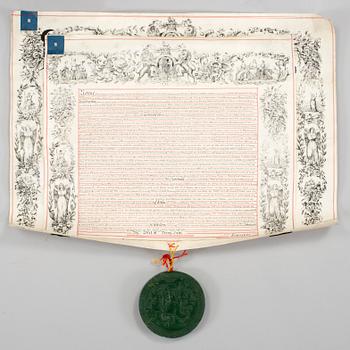 A British letter of patent with wax seal conferring upon Sir Henry Wheatley (1777-1852) the title and rank of Baronet.