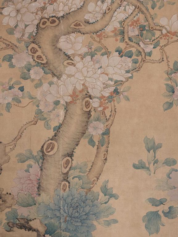 A Chinese scroll painting/wall paper-panel, ink and colour on paper, after Jiang Tingxi (1669-1732), Qing dynasty.
