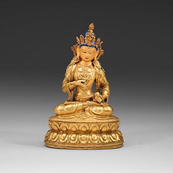 105. FIGURIN, delvis förgylld och bemålad brons. Vajrasattva, Tibet, 1700-tal.