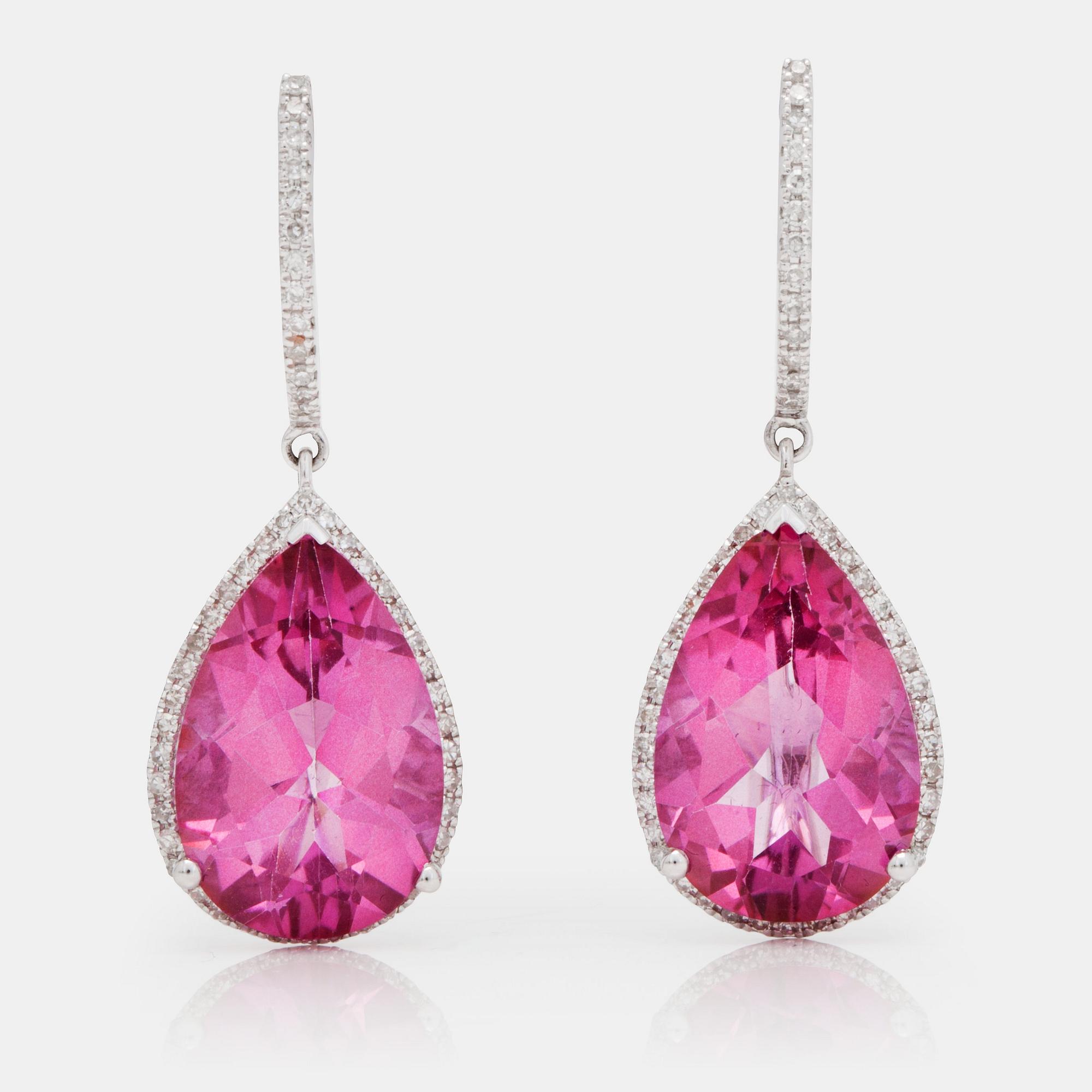 A pair of drop-shaped pink tourmaline and brilliant-cut diamond earrings.