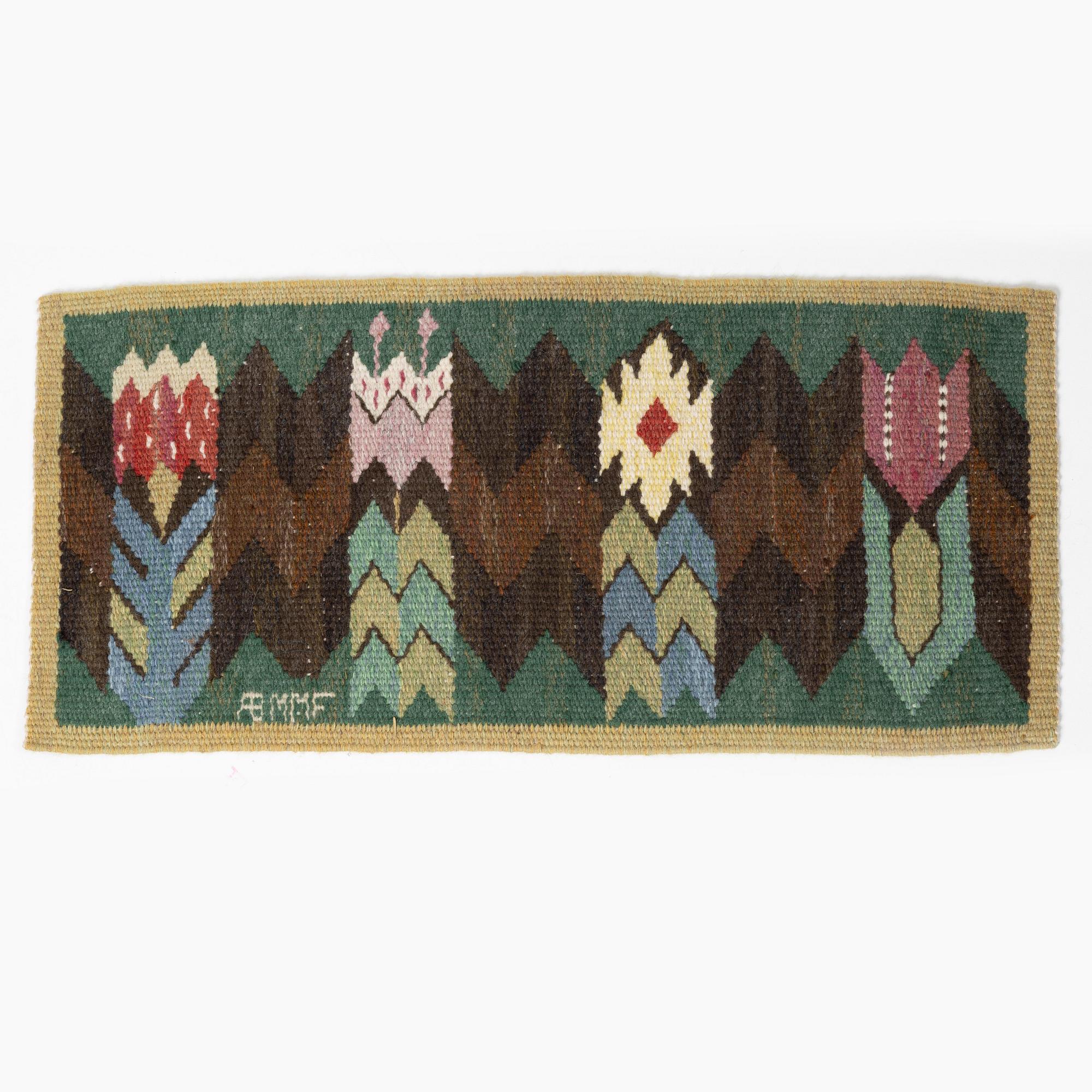 Märta Måås-Fjetterström, a 'Täppan' textile, tapestry technique, c. 22 x 47 cm, signed AB MMF.
