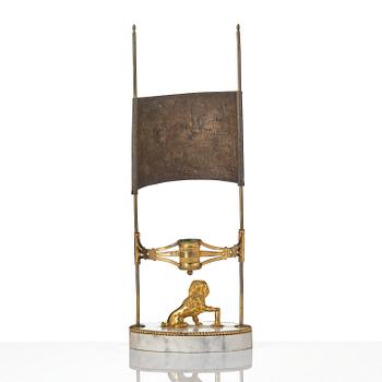 A late Gustavian gilt brass, marble and tole reading lamp, late 18th century.