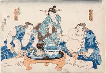 UTAGAWA KUNISADA, även kallad Toyokuni III (1786-1864). färgträsnitt. Japan, omkring 1845. "Kuroiwa och Zogahana".