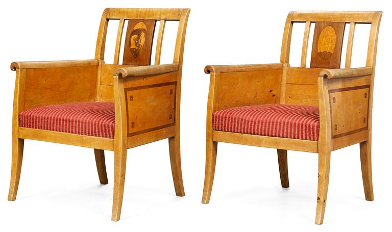 A pair of Ragnar Östberg birch armchairs with inlays, designed for Villa Mullberget, Sweden ca 1907.