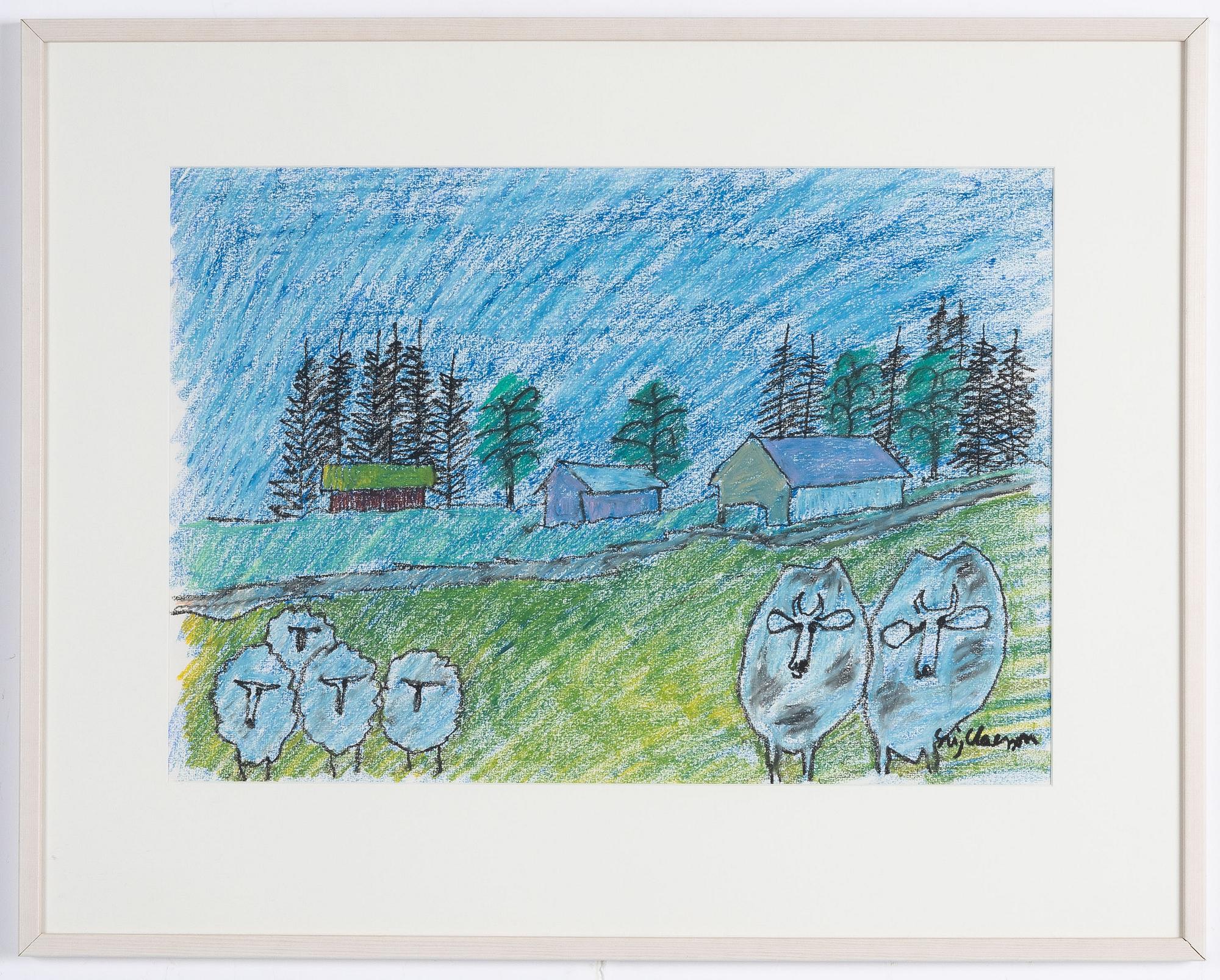 Stig (Slas) Claesson, Stig Claesson, Skymningslandskap med får och kor.