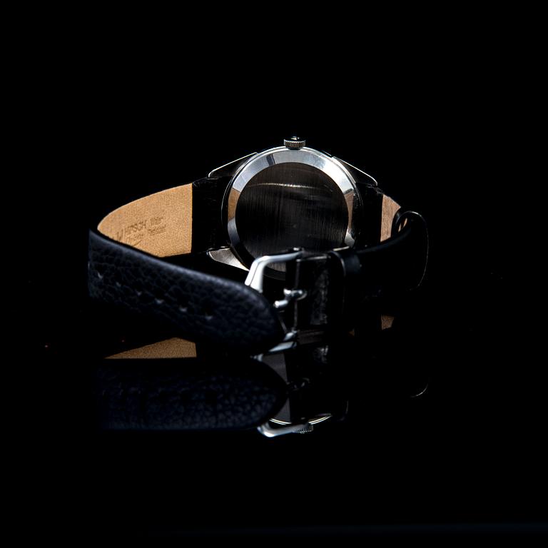 ARMBANDSUR, Omega, svart Hirsch läderarmband. 1950-60-tal.