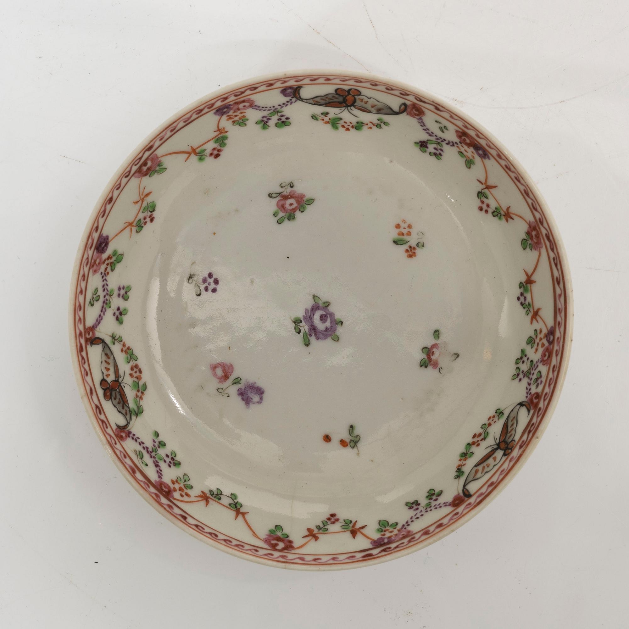 A set of five famille rose tea cups, Qing dynasty, 18th century and a bowl, Qing dynasty, 19th century.