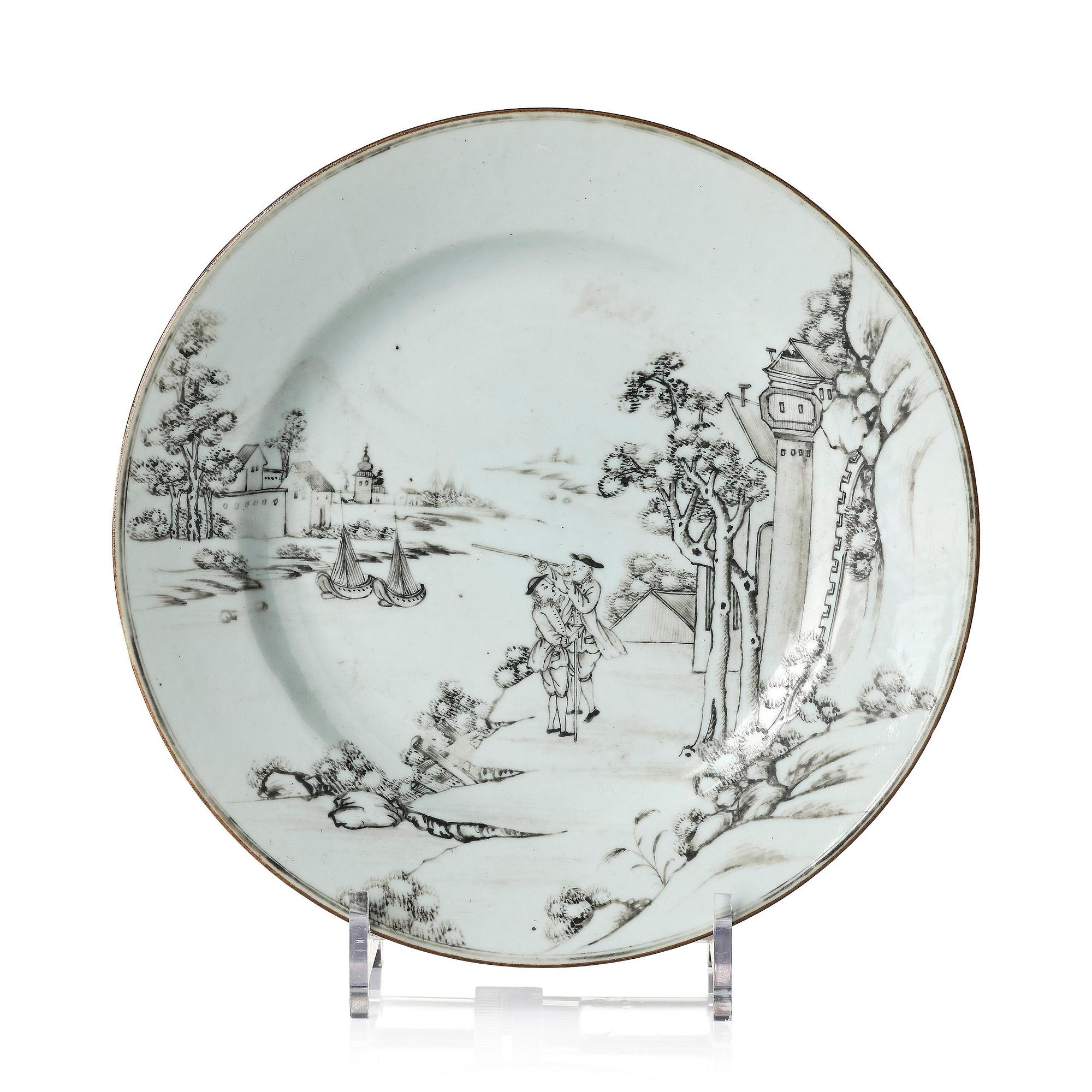 A grisaille 'European subject' plate, Qing dynasty, Qianlong (1736-95).
