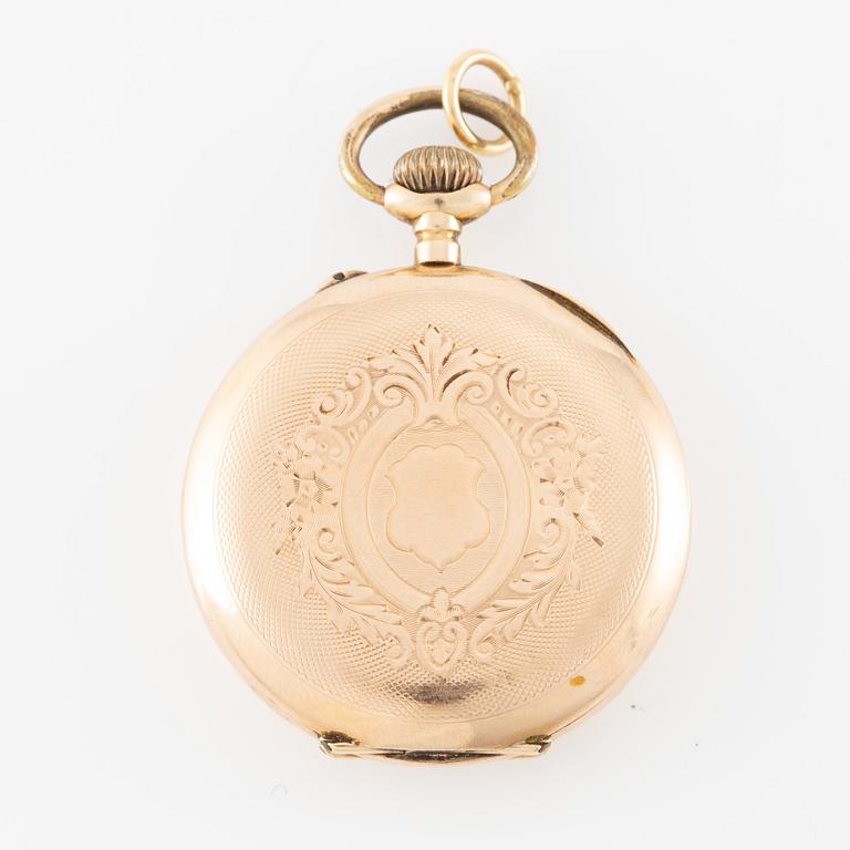 Pocket watch, 14K gold with chain, 32 mm.