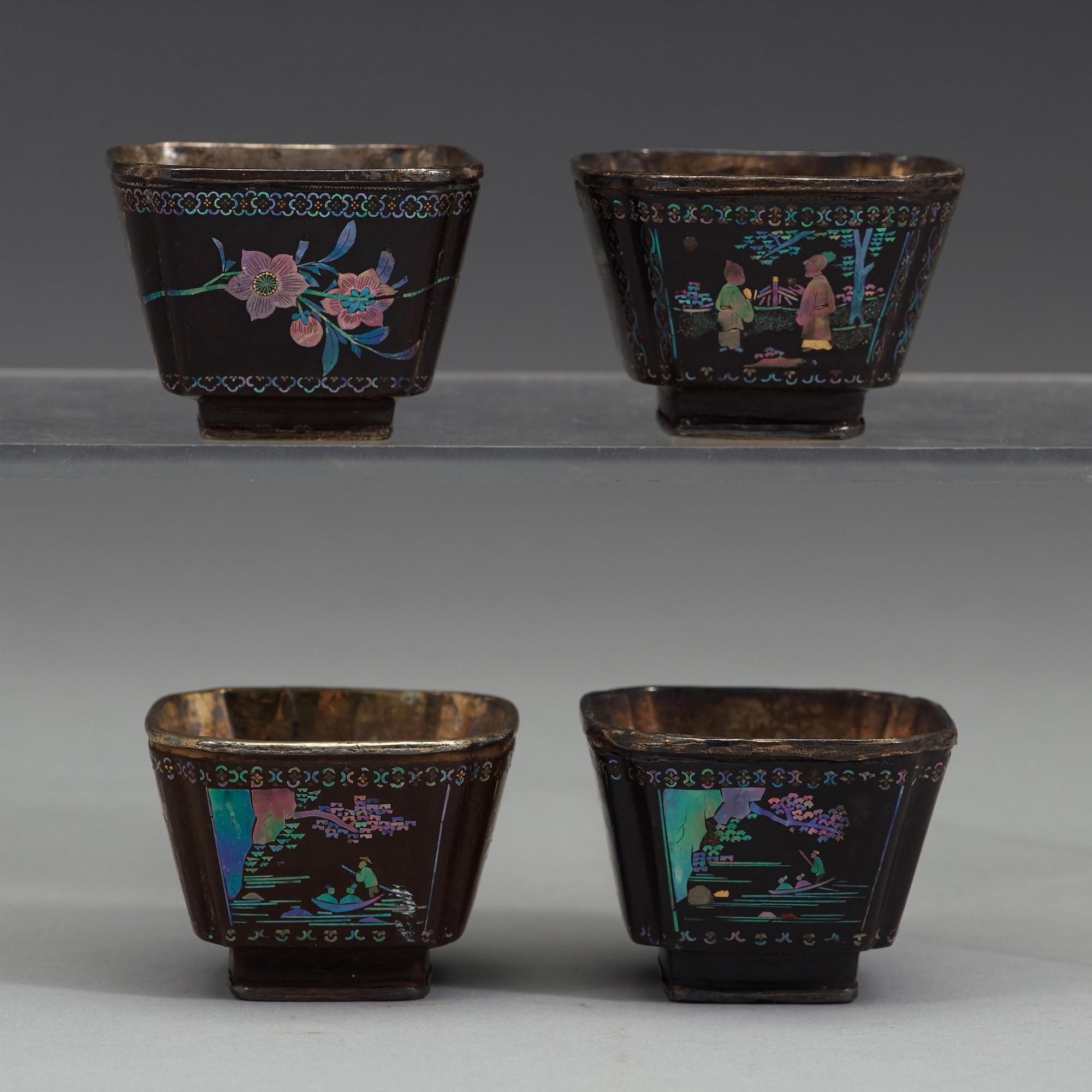 A set of four 'lac-burgauté cups, Qing dynasty, 18th Century.