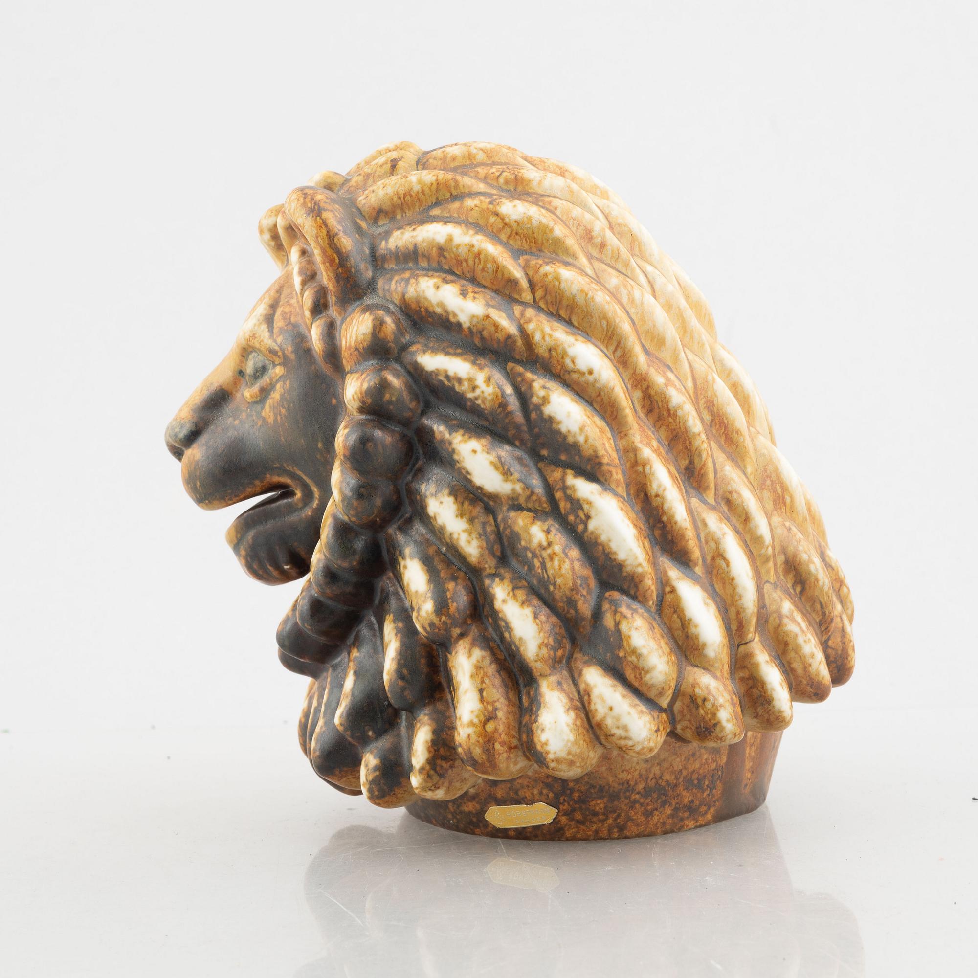 Gunnar Nylund, a lion's head stoneware figurine, Rörstrand, Sweden.