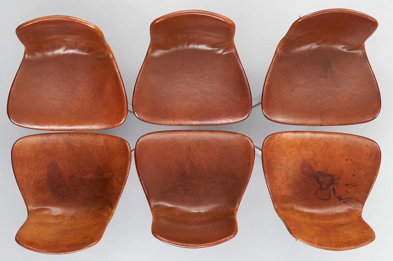 Poul Kjaerholm, a set of six brown leather "PK-9" chairs, E Kold Christensen, Denmark 1960's.