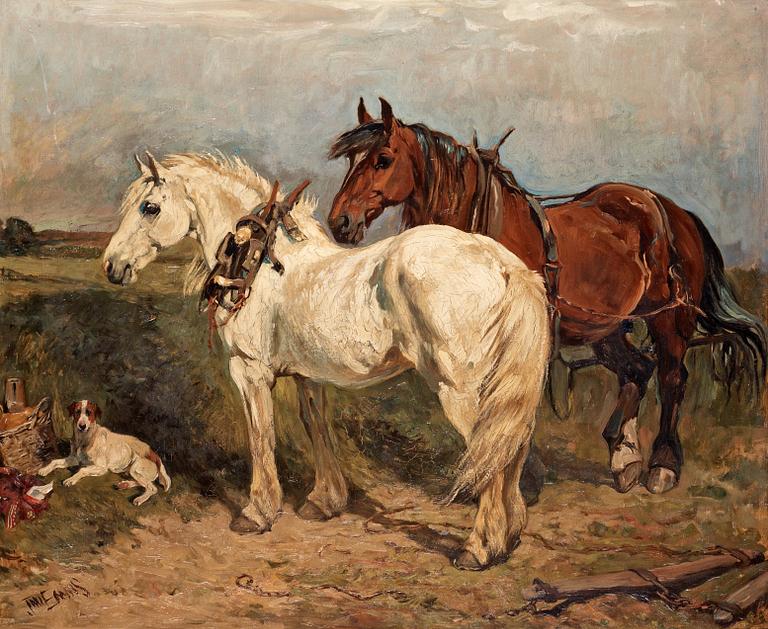 John Emms, Två arbetshästar och en vilande hund.