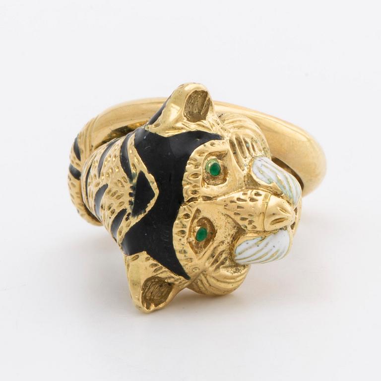 RING 18K guld, emalj, gröna glasstenar.