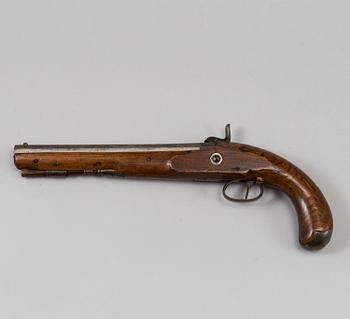 One flint lock postol, late 18th ct, and one percussion pistol, 19th ct.